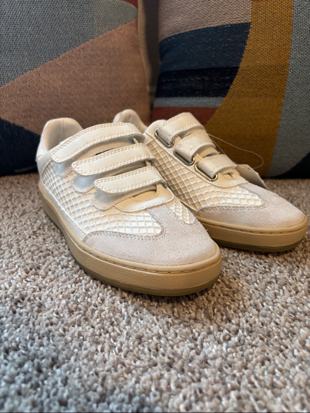 SOLD - Vintage Havana Women Cream and Tan Triple Velcro Sneakers. Size 6